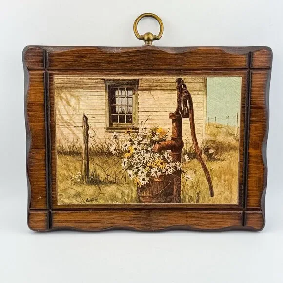 Vintage Rustic Barn Print Daisy Flowers – Wooden Frame Farmhouse MCM Decor - Picture 2 of 11